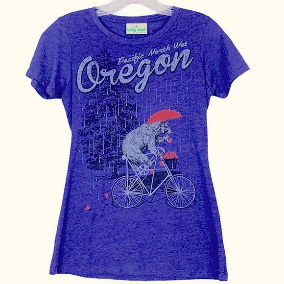 Little Bay Root Pacific North Wet Bear‎ Bicycle Crewneck Purple T-Shirt Small - Picture 1 of 7